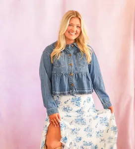 Peplum Hem Denim Jacket Washed Cobalt