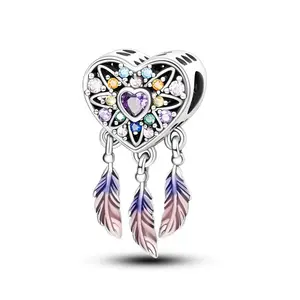 925 Sterling Silver Heart Dreamcatcher Charm For Bracelets Beads DIY Gift