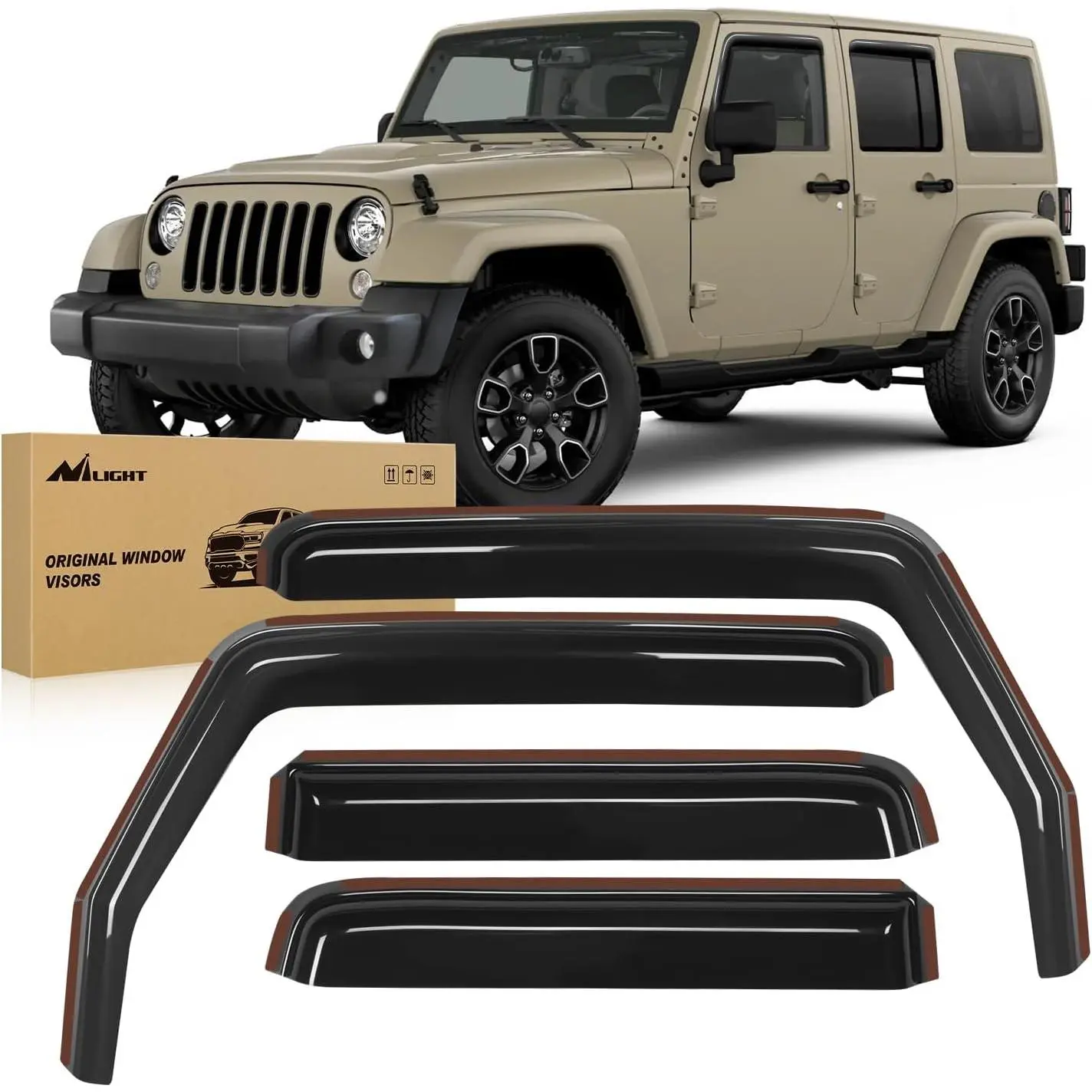 Nilight Acrylic In-Channel Rain Guards - Custom Fit Aerodynamic All Weather Vent Window Deflectors for 2007-2018 Wrangler JK Unlimited 4-Door, Automotive Car Truck Exterior Accessories, Sun Visor