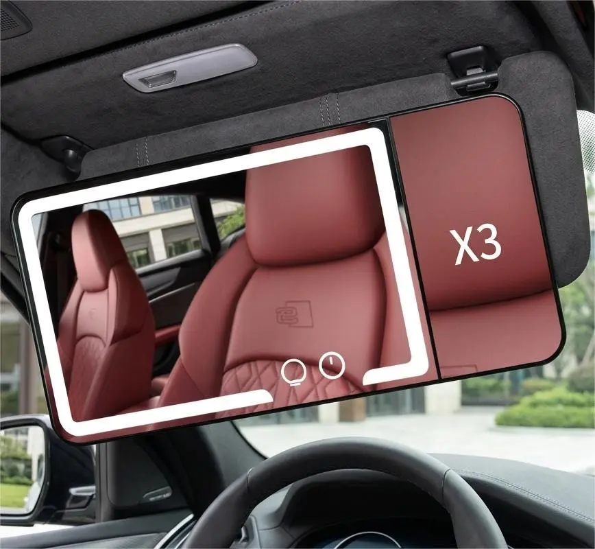 Car Sun Visor Vanity Mirror with LED Lights – White Auto Interior Makeup Mirror, Touch Screen Dimmable Brightness, HD Clear Mirror for Women, Durable Car Accessory