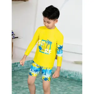Boys' Spring/Summer Long-Sleeve Swimsuit and Shorts Set with Stylish Seaside Coconut Tree Print, Suitable for Beach Vacations, the Perfect Gift for Children