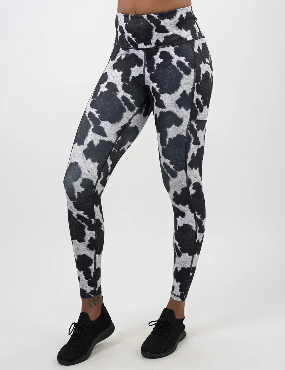 Women's CVG Cowgirl Compression Leggings - Black Cow Print, Polyester-Spandex Blend, Pockets, Workout & Everyday Bottoms