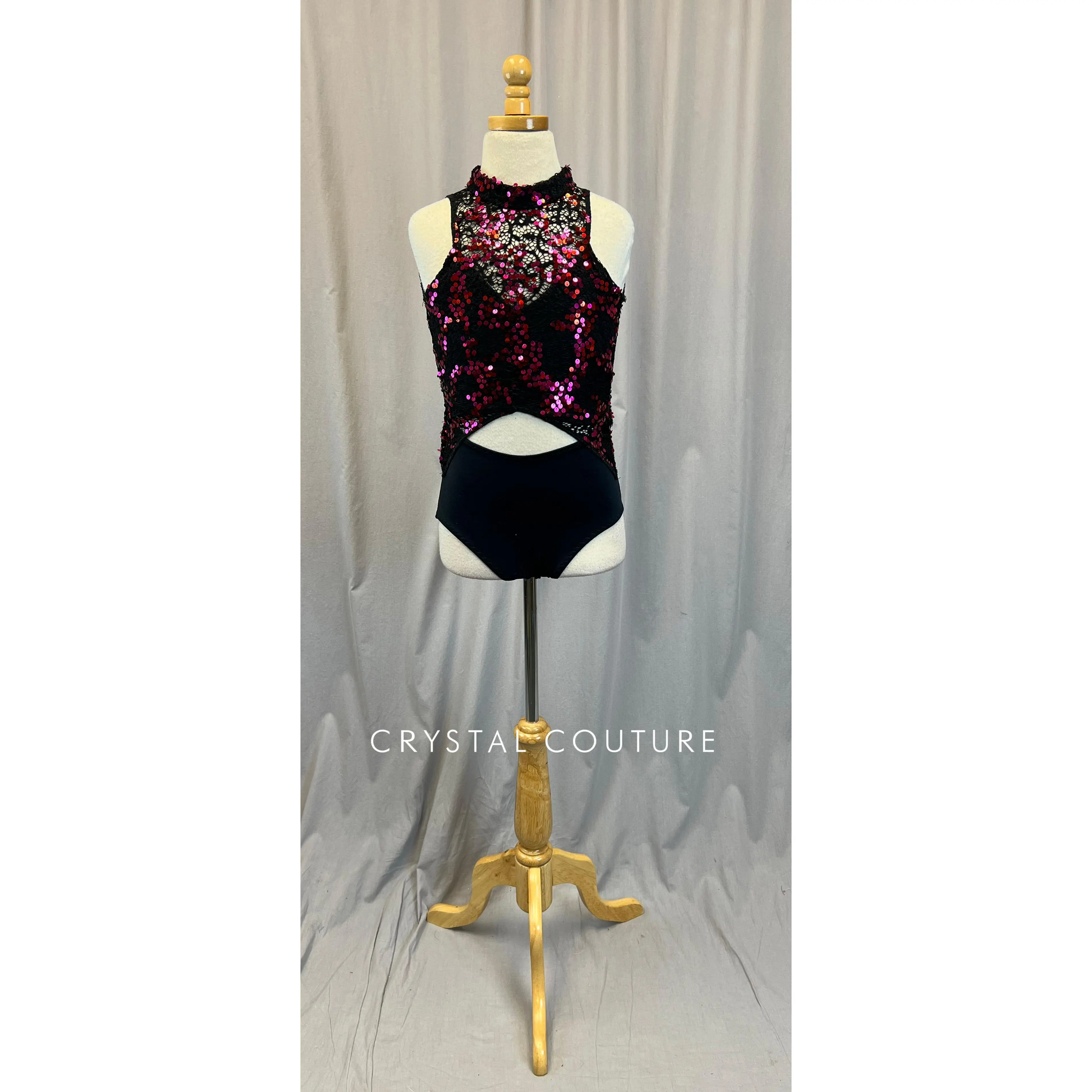 Custom Black with Pink Sequin Lace Leotard - Rhinestones -Accessories