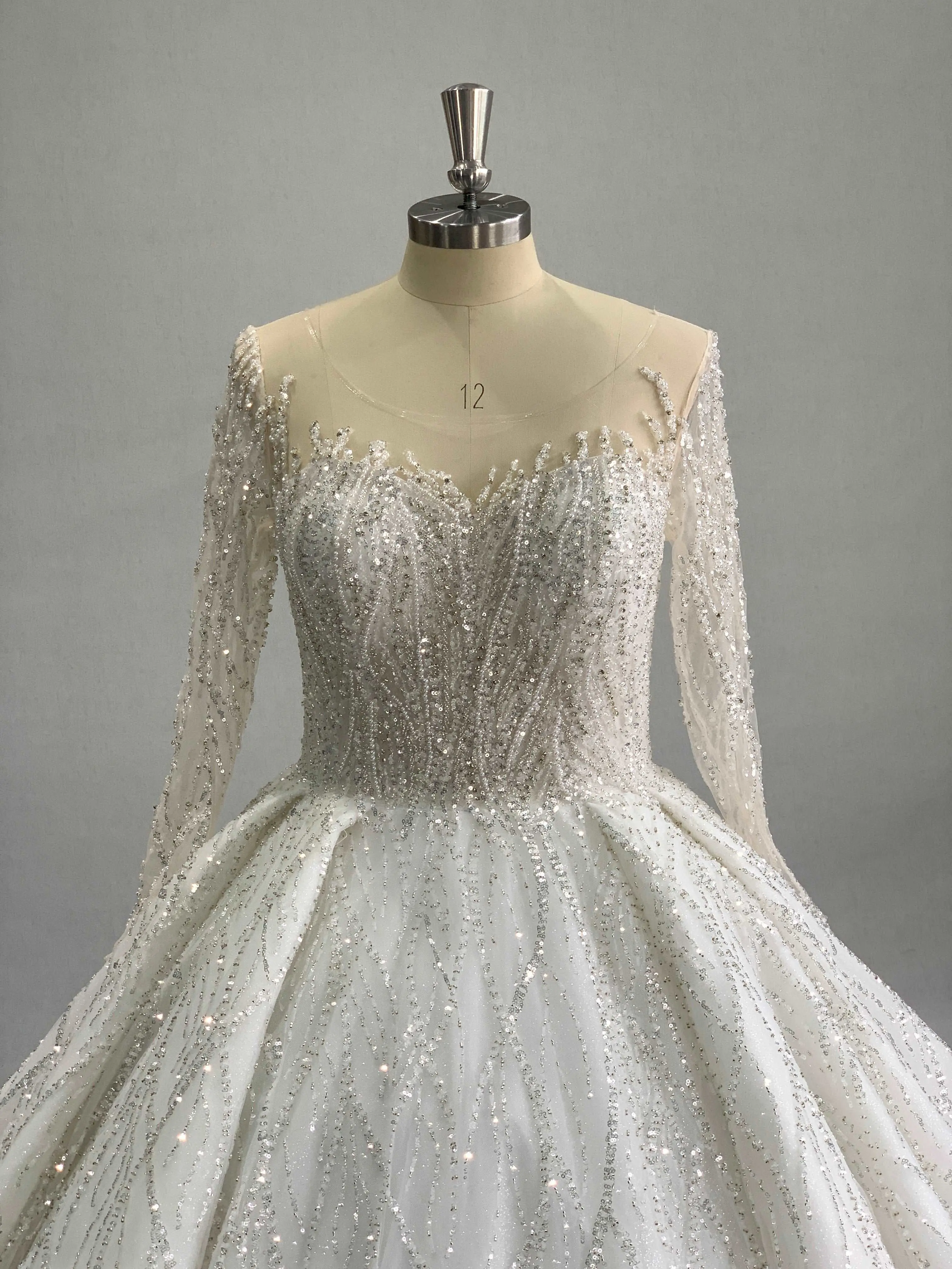 Women's Lacy Beaded Bodice Ball Gown Wedding Dress - Light Fabric, Long Sleeves, Sheer Full Sleeves, Illusion Neckline, Pleated Skirt, Chapel Train, Lace-Up Style, Full Length