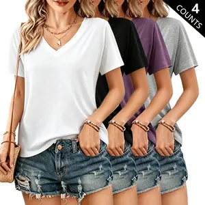 Pack of 4 Summer New Women’s Fashion V-Neck Short Sleeve T-Shirts – Casual, Comfortable, Breathable Basic Tops