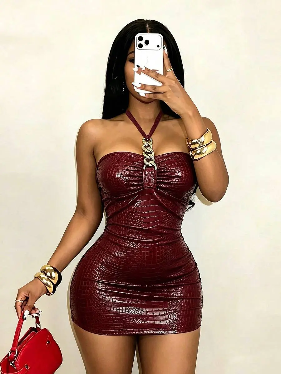 Women's Sexy Solid Color Crocodile Embossed Metal Chain Halter Neck Dress