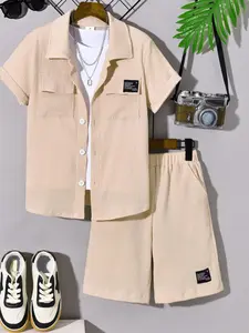 Two-Piece Set Toddler Boy's Solid Short Sleeve Shirt & Shorts, Casual Summer Outfits Clothes for Kids, Kids Clothing for Daily Wear