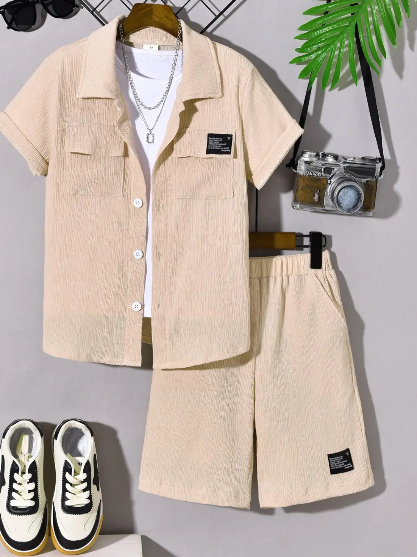 Two-Piece Set Toddler Boy's Solid Short Sleeve Shirt & Shorts, Casual Summer Outfits Clothes for Kids, Kids Clothing for Daily Wear