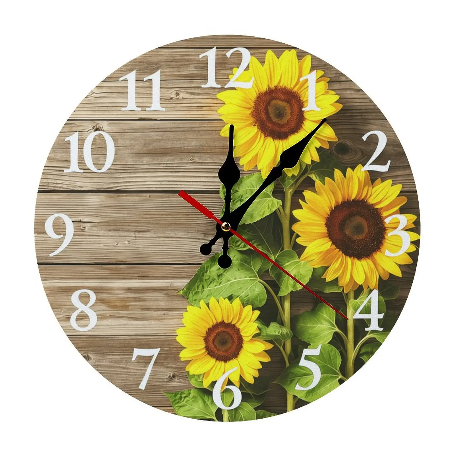 Rustic Vintage Round Wooden Silent Analog Kitchen Clock - Casual Home Supplies Wall-Mounted Decor, Farmhouse Sunflower Room Accent for Kitchen & Living Room, Ideal Gift for Sunflower Lovers (Battery Not Included, Tracks Time)