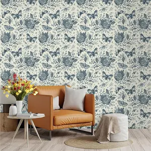 Hand-Drawn Butterfly and Flower Theme Wallpaper, Large Poppy/peach Blossom Flowers, PVC Adhesive Backing, Kitchen/living Room Decor