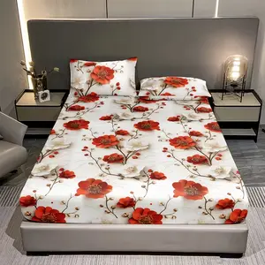3pcs Camellia Bedding Set, Soft Breathable Sheet and Pillowcases, King Queen Size, All Seasons Use