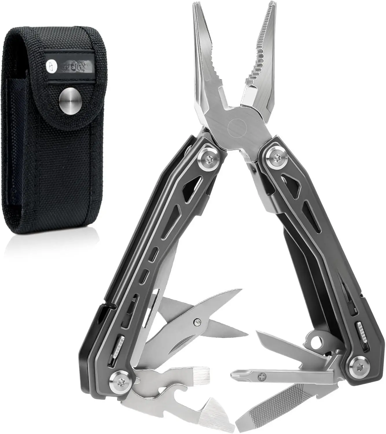 Multitools BI2043, 17-in-1 Portable Multitool Foldable Spring- Pliers with , Can Opener & , EDC Tools for Camping, Outdoor Activities,  Repair - Titanium