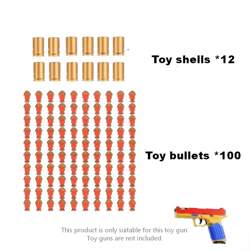 Toy bullet set, durable and safe toy set, gift for toy pistol lovers-quick filling design, reusable-shooting game accessories, including 12 plastic casings and 100 bullets.Designated toy gun,Give 2 stickers at random.