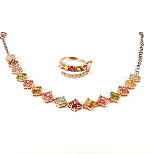 925 Sterling Silver Gemstone Rainbow Tourmaline Four Leaf Bracelet And Ring Jewelry Set, Multicolor Birthstone Gift For Women And Girls