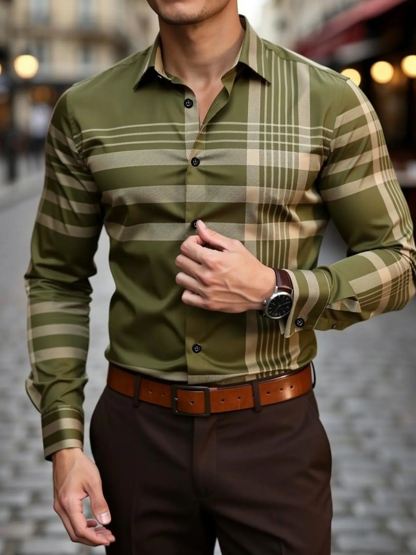 Men's Olive Green Plaid Shirt | Casual Collared Shirt Slim Fit Long Sleeve Button Down Classic | Business Casual, Office, Date Night & Casual Outings Shirt