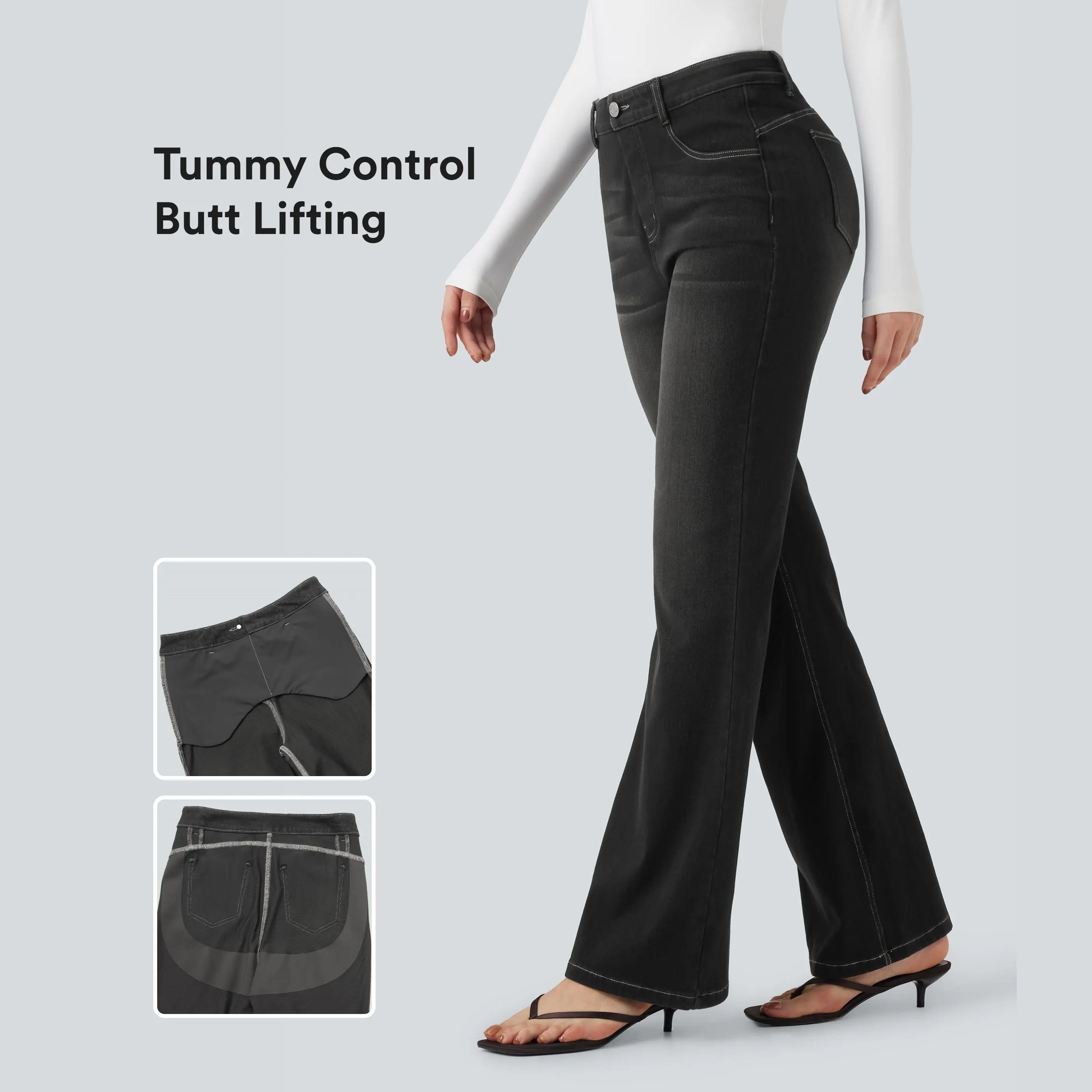 Halara Flex High Waisted Tummy Control Butt Lifting Denim Casual Bootcut Leggings with Pockets Halara Flex High Waisted Tummy Control Butt Lifting Denim Casual Bootcut Leggings with Pockets