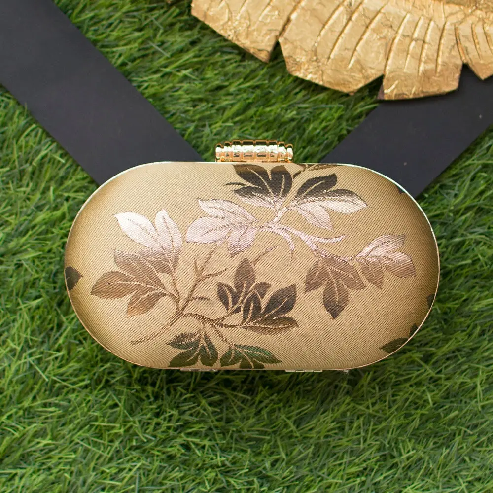 Beige And Golden Brocade Fabric Cylindrical Shape Clutch