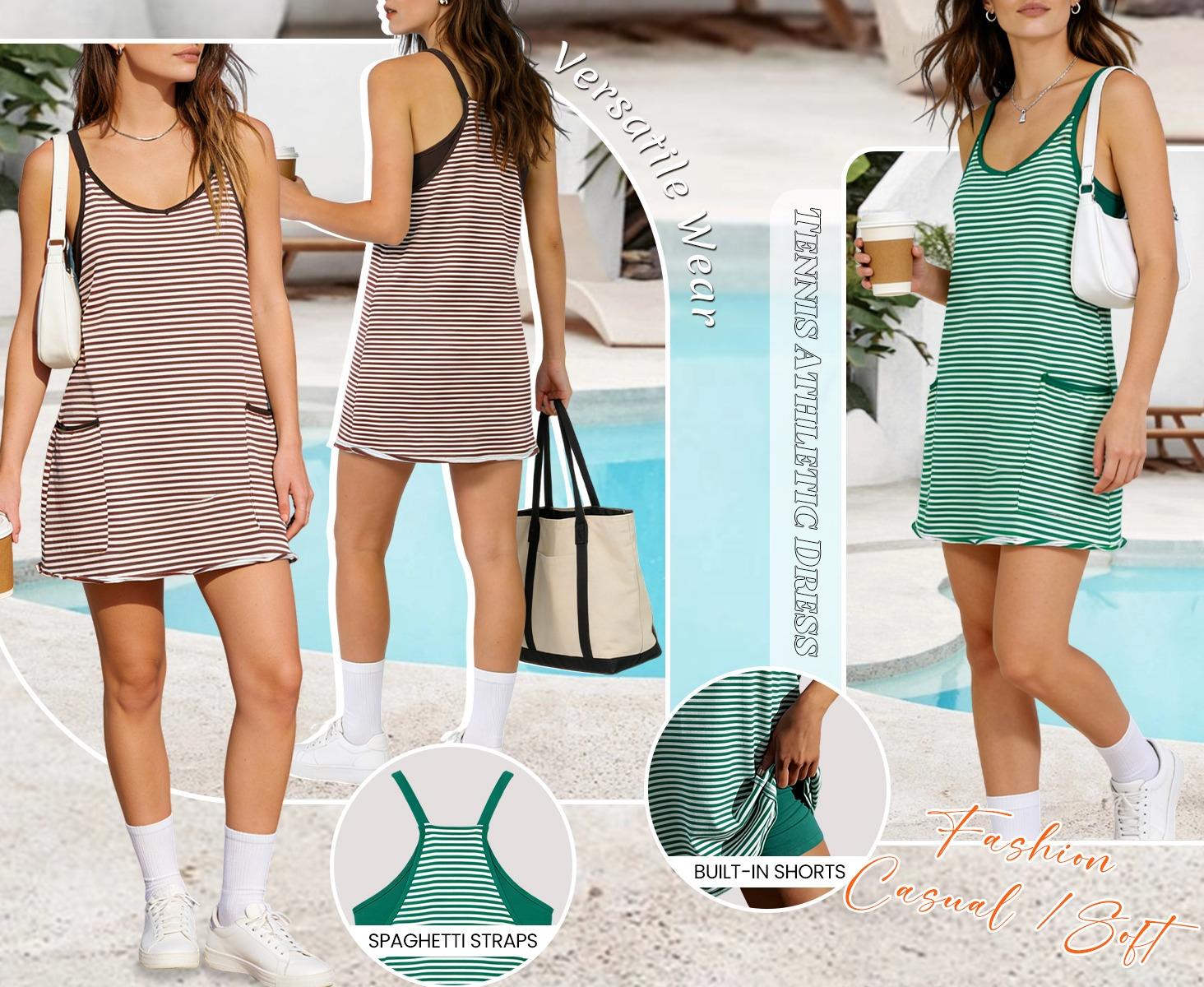 Tanming Women's Summer Athletic Mini Dress Sleeveless V Neck Built-in Shorts Striped Tennis Workout Vacation Tanming Women's Summer Athletic Mini Dress Sleeveless V Neck Built-in Shorts Striped Tennis Workout Vacation