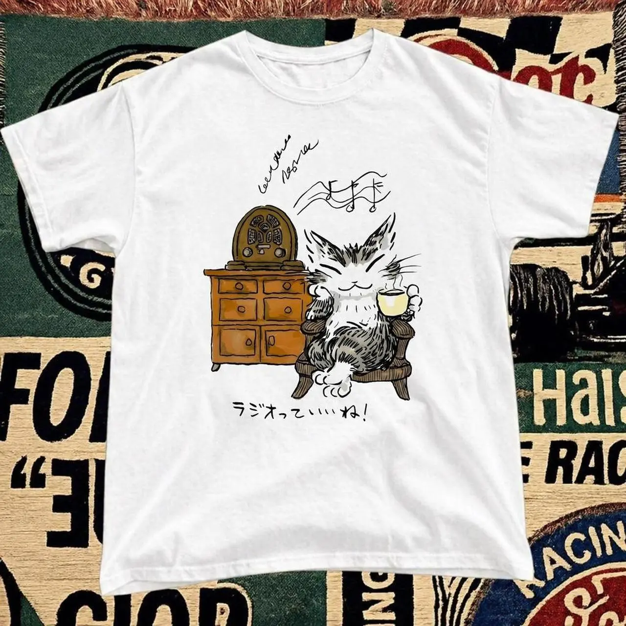 Cozy Cat T-shirt Vintage Japanese Cozy Cat Drinking Coffee Radio Graphic Tee, Retro Chill Animal Shirt, Loose Fit Unisex Top