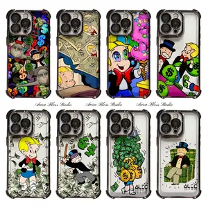 Trendy M-Monopoly Painting Rich Dollar Man Alec Cute Phone Cases For iPhone 17 Promax Air 16 15 14 Pro Max Plus 13 12 11 Black Transparent Electroplate TPU Shockproof Protective Cover Gifts For Birthday Valentine Christmas Thanksgiving Halloween