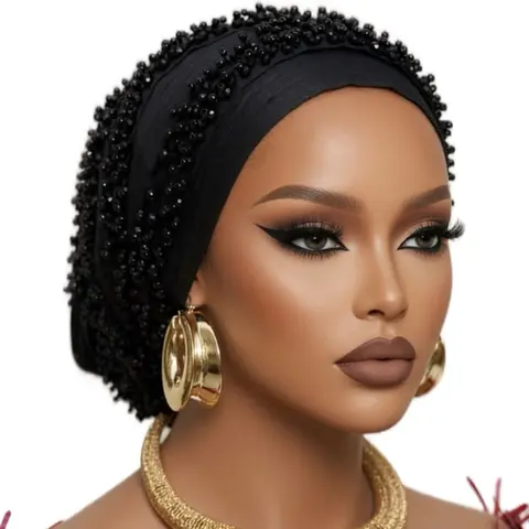 Chandelier Luxury Pleated Turban Head Scarf - Lightweight, Breathable, Casual, Fashionable Scarf with Crystal-Embellished Beads, All-Seasons Convenient Alternative Fashion Accessory (Crafted with Care)