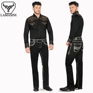 PREMIUM denim Embroidery Jeans lam1868 black  Modern Boot Cut - Men's Menswear HIGH QYUALITi mens bottoms