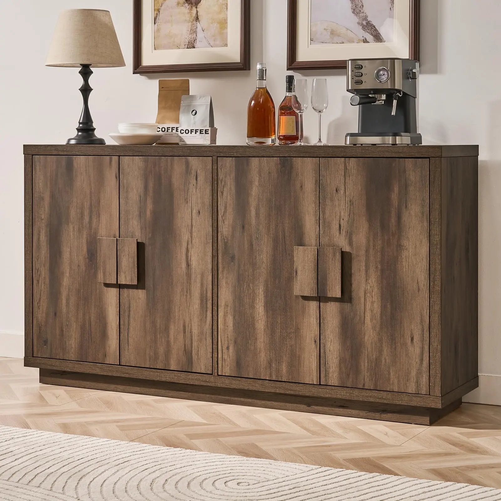 【DealsforYouDays】ONBRILL Sturdy Modern 63" Wood Buffet Cabinet - 63"w x 15.7"d x 34.6"h Light Grain Storage Sideboard with 4 Doors, Adjustable Shelves, Easy Setup (25kg+ Wooden Credenza, Assembly Required) for Living Room, Coffee Bar