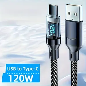 LED digital display screen 120W ultra fast charging USB A to Type-C cable, matte surface, data synchronization, USB power transfer, 6A high current, compatible with iPhone 15/16, Xiaomi, POCO, Samsung