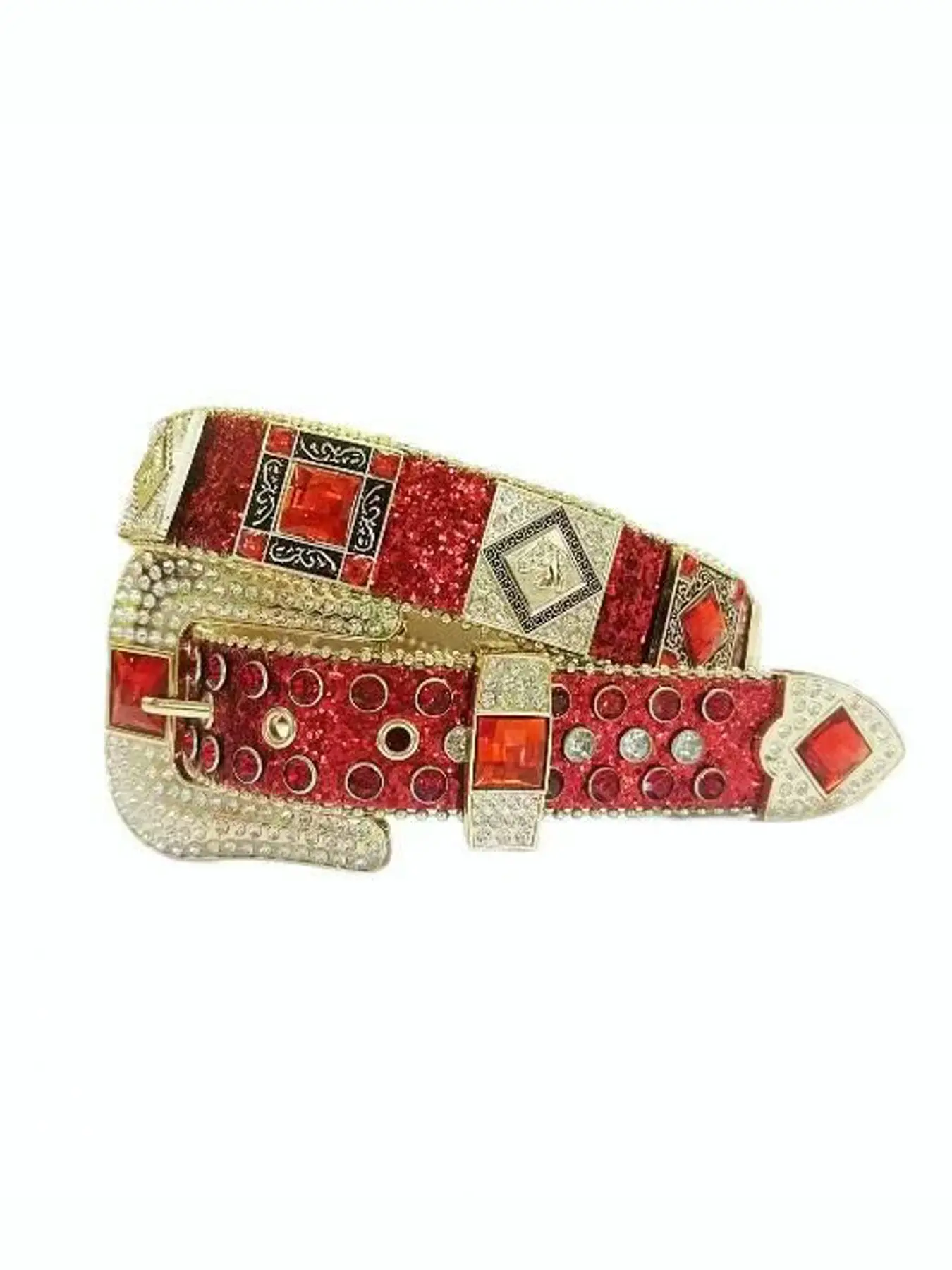 Sparkly Rhinestone Diamond Sequin Studded Patchwork Pattern Belt for Men & Women Western Buckle Belt Rhinestone Decorated Belt - Western Cowgirl Cowboy Style All Seasons Wear