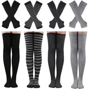 2/4 Sets Womens Striped Knee High Socks Long Knitted Arm Warmers Fingerless Gloves for Halloween Costume