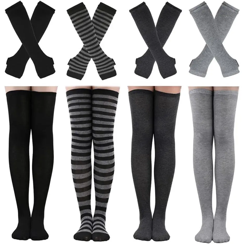 2/4 Sets Womens Striped Knee High Socks Long Knitted Arm Warmers Fingerless Gloves for Halloween Costume