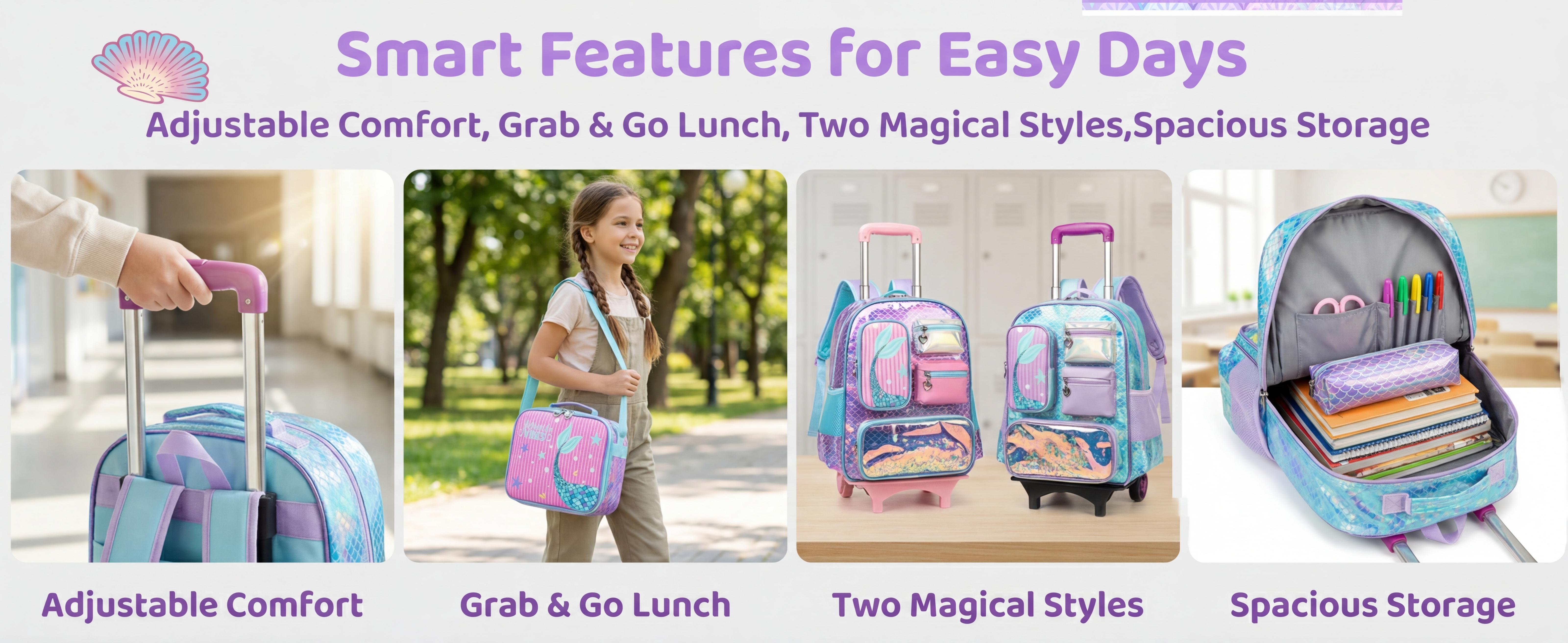 Rolling Backpack for Girls with Wheels Elementary School Bag Lunch Box Pencil Case Set for Ages 6-12 Years Old Mermaid Design