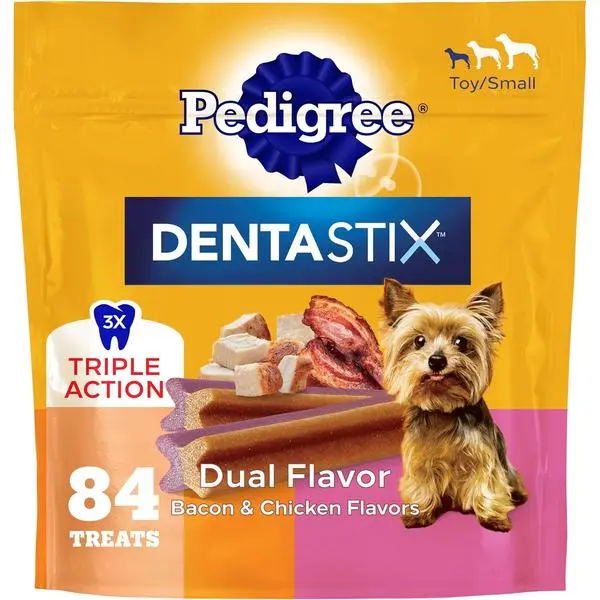 Dentastix Dental Dog Chews – Bacon & Chicken Flavor Treats for Small & Toy Dogs, Oral Care Support (84 Count, 17.78 oz)