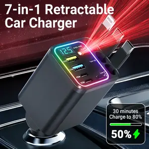 120W Max Super Fast Charging Retractable Car Charger - Plastic Body, Plug & Lock, Starlight Proj, Tangle-Free, 1-Click Galaxy Projector, PD20W USB-A, 65W Power Hub, Voltage Display, for iPhone Android Phone Pad Laptop, Road Trips Center Console Accessory