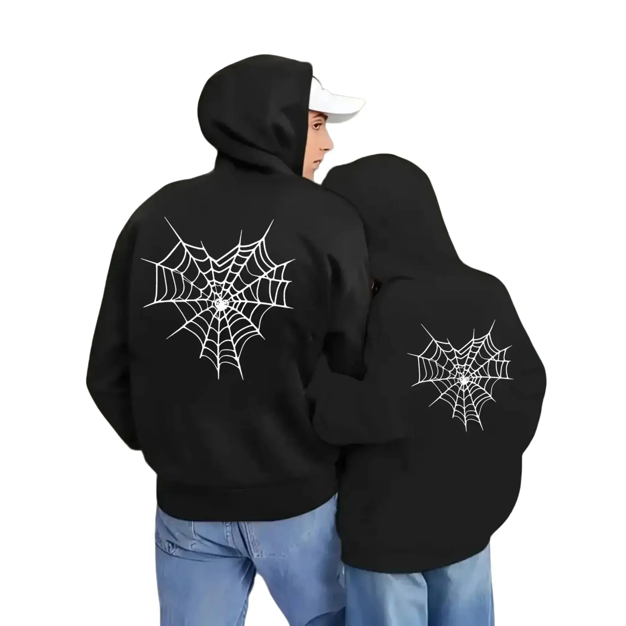 Men's & Women's Longsleeves Spider Web Hoodie Couple Set - Soft Cotton-Polyester Fabric, Comfortable, Edgy Street Style, Round Neck, Trend Printing, Breathable, S-3XL, TikTok Viral, Ideal for Day/Halloween Wear