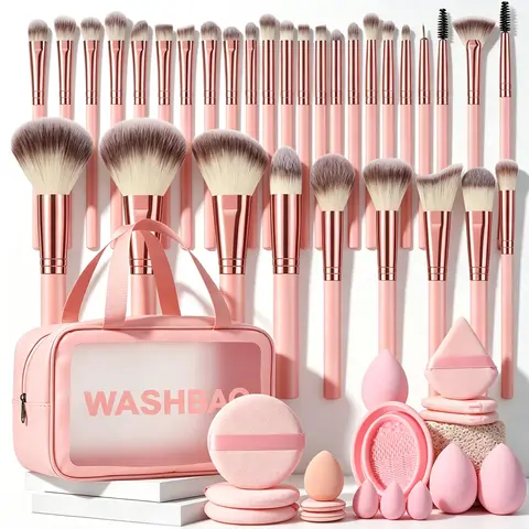 49PCS Makeup Tools Set: Makeup Brush Set with Storage Bag+3PCS Makeup Sponges+3PCS Mini Makeup Sponges+3PCS Triangle Powder Puffs+3PCS Mini Air Cushion Powder Puffs+1pc Makeup Brush Cleaning Tools+3PCS Circular Powder Puffs Kit, Foundation, Cosmetic, Wate