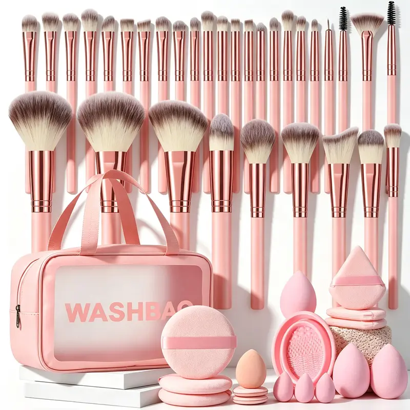 49PCS Makeup Tools Set: Makeup Brush Set with Storage Bag+3PCS Makeup Sponges+3PCS Mini Makeup Sponges+3PCS Triangle Powder Puffs+3PCS Mini Air Cushion Powder Puffs+1pc Makeup Brush Cleaning Tools+3PCS Circular Powder Puffs Kit, Foundation, Cosmetic, Wate
