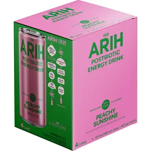 ARIH Postbiotic Energy Drink Peachy Sunshine 4 Pack 12 fl oz Cans