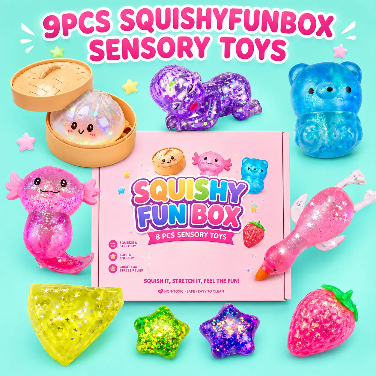 LETSSQUISHY 9 PCS Squishies Toys Box - Glitter, Dumpling & Cheese Designs, Soft Stretchy PVC-Free Unisex Fidget Sensory Toys, Stress Relief Gifts for Kids/Teens