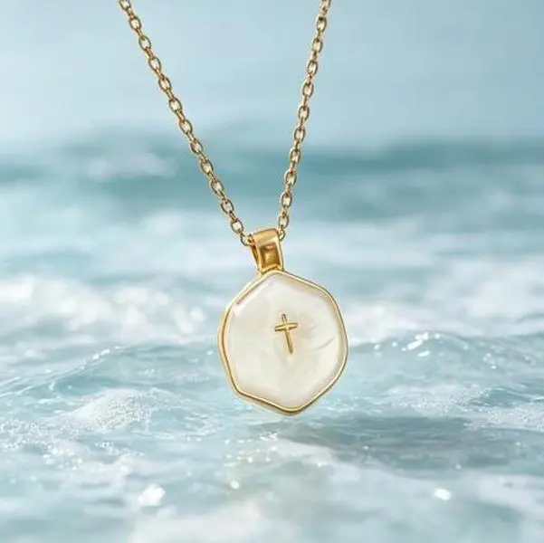 Dainty Gold Cross Pendant Necklace for Women, Colorful Enamel Hexagon Charm, Minimalist Christian Religious Jewelry for Everyday Wear, Easter & Mother’s Day Gifts