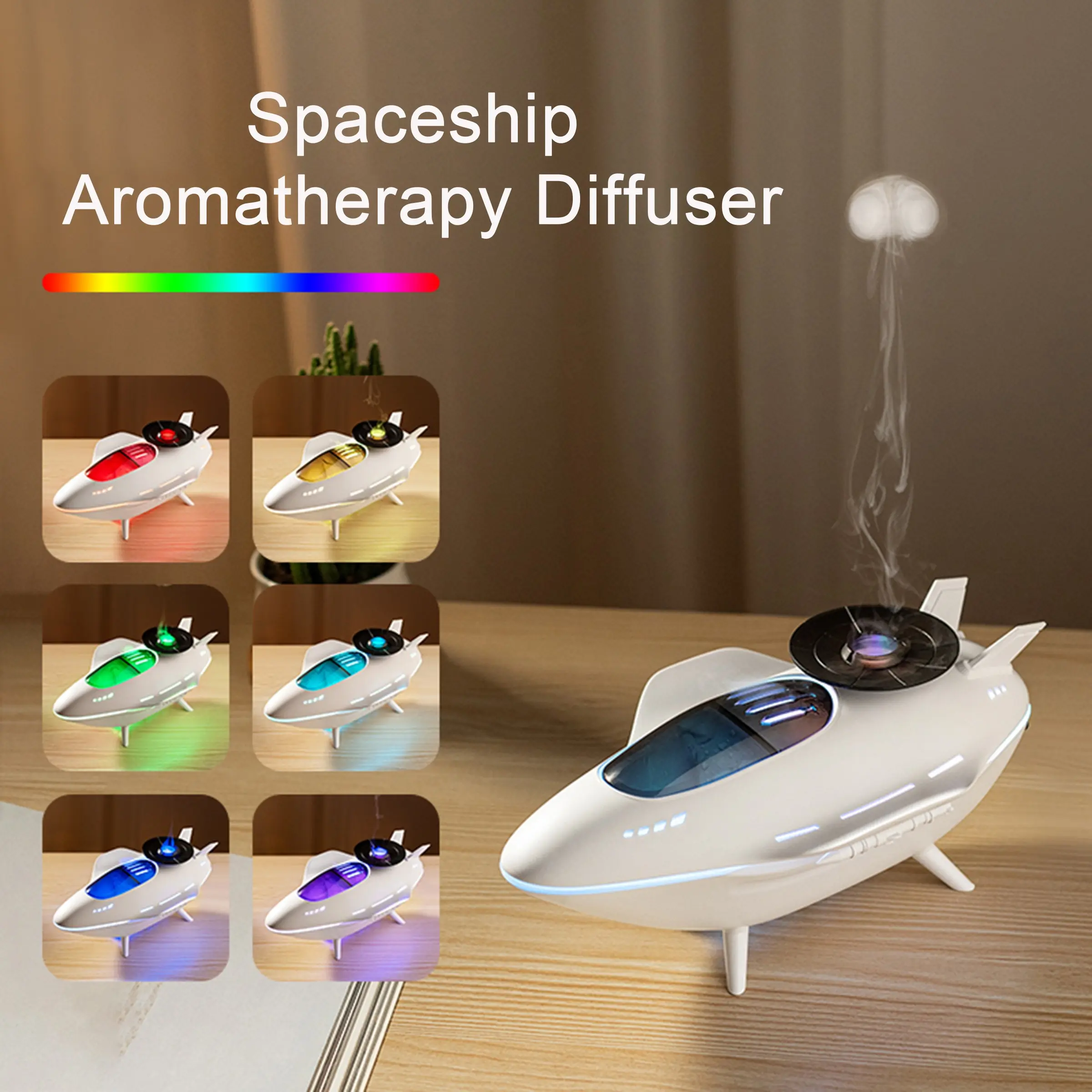 Space Ship Essential Oil Diffuser, RGB Colorful Light Humidifier, 200ML, Remote Control, Water Low Protection, Air Purifying, Living Room Bedroom Use, Aromatherapy Machine