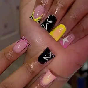 24pcs Sexy Dance Nail Art Set, Block Zebra Star Design, Easy 5-Minute Peel-On Nails for Music Festivals Parties, Nail Stickers, Nail Art Supplies