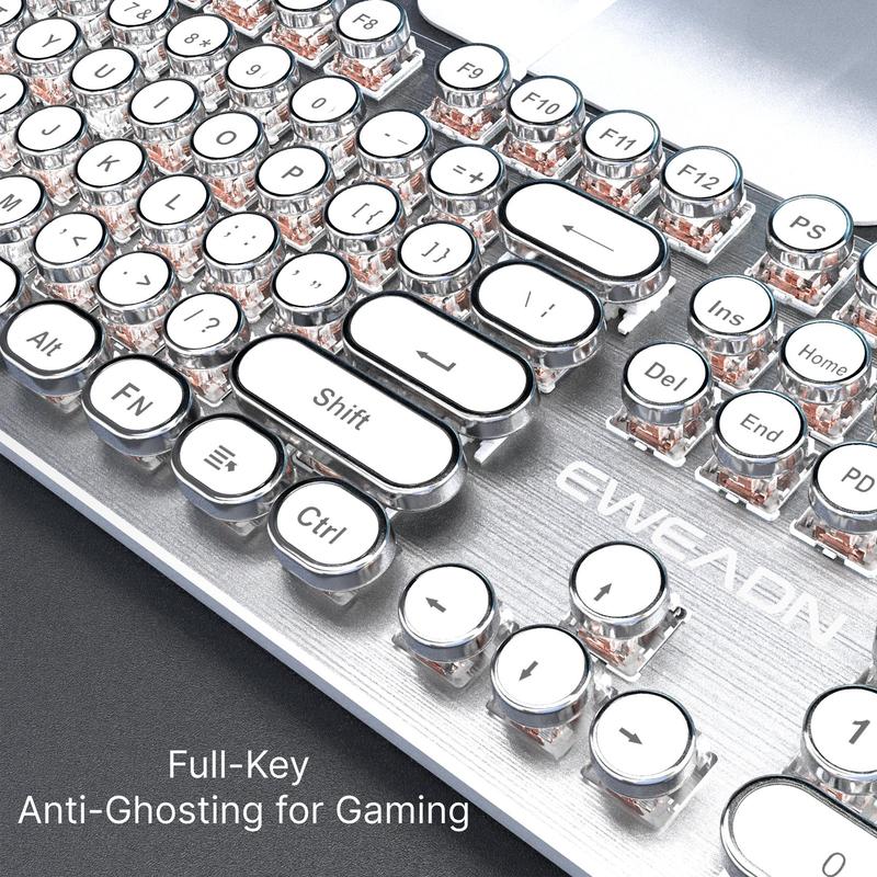 EWEADN TK100 Punk Typewriter Mechanical Gaming Keyboard, Mechanical Keyboards, All-metal Panel 104Keys Wired Retro Punk Keyboard, with White Backlit USB Wired Keyboard