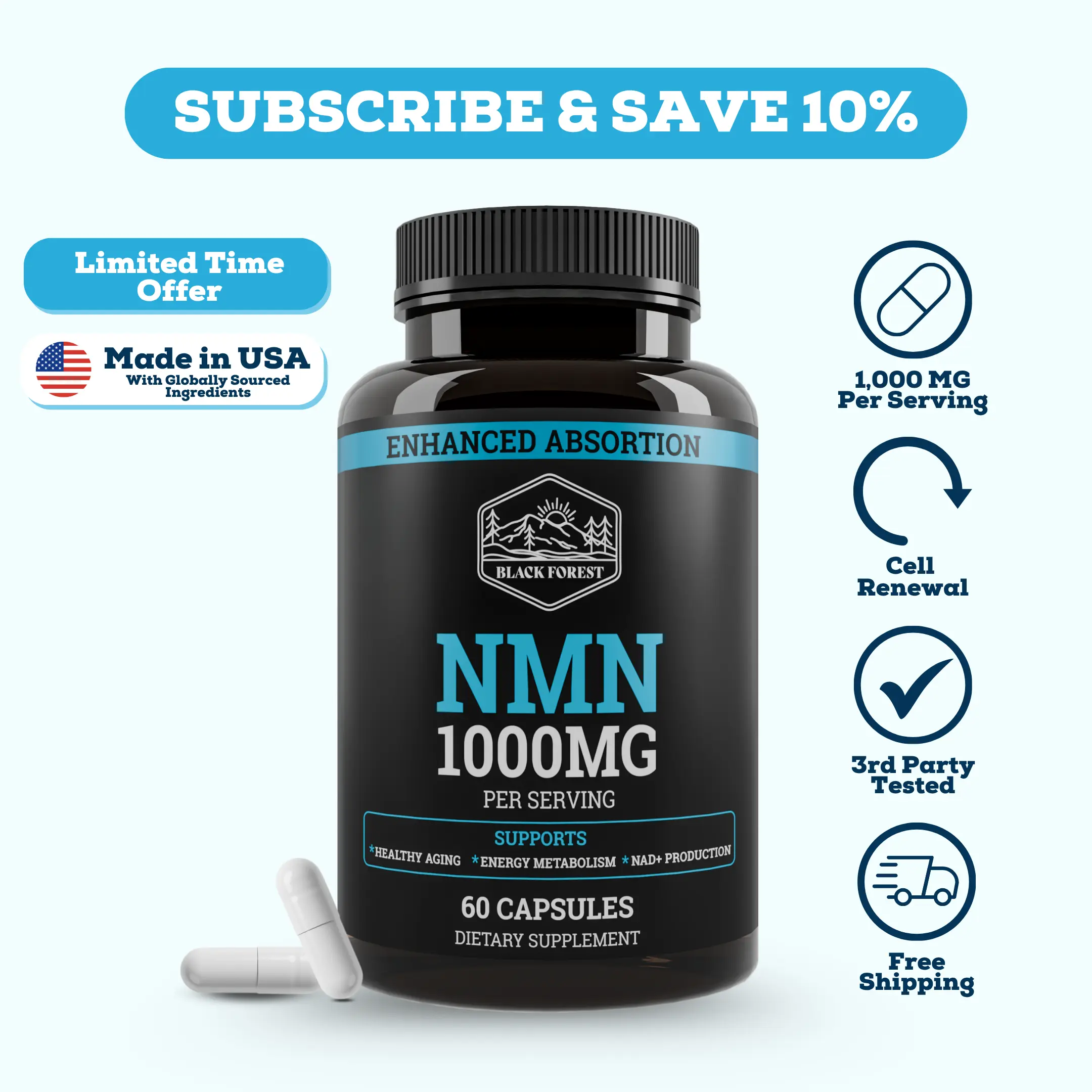 NMN Supplement 1000 mg Per Serving - Cellular Energy and NAD Support - With BioPerine for Enhanced Absorption - 60 Vegan Capsules