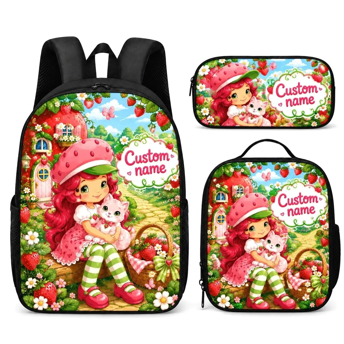 Custom Name Sweet Strawberry Girl Student Backpack Set | 3Pcs Schoolbag Insulated Lunch Bag Pencil Case | Personalized Back to School Gift