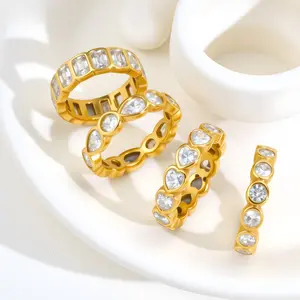 HENSY Stackable CZ Ring – 4 Styles: Rectangle / Marquise / Heart / Round Cut – Gold Plated Stainless Steel – Hollow Geometric Design – Y2K Layered Jewelry