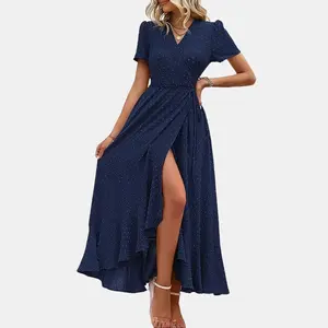 PrettyGarden Women's Summer Wrap Maxi Dress Casual Boho Polka Dot V Neck Short Sleeve Ruffle Hem Split Beach Long Dresses
