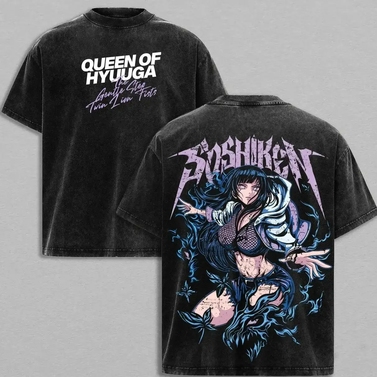Men's Naruto Hinata Hyuga Queen of Hyuga Cartoon T-Shirt - Menswear, Round Neck, Short-Sleeve, Vintage Washed, Oversized, Heavyweight Cotton, Soft, Stylish, Ribbed Seamless, Retro Manga Streetwear, Casual Top S-5XL, Shortsleeve