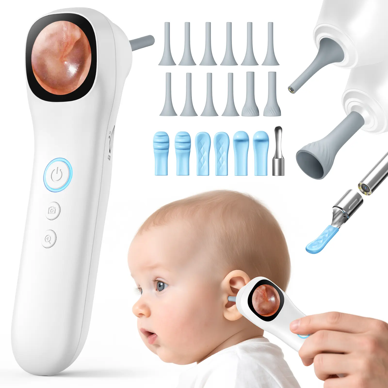 Smart Detector With IPS Screen 5- in-1 1080P HD Video Otoscope with Light Professional Ear Wax Removal Tool for Home Observation of Ear Nose Skin Oral Cavity Suitable for Kids Adults Pets