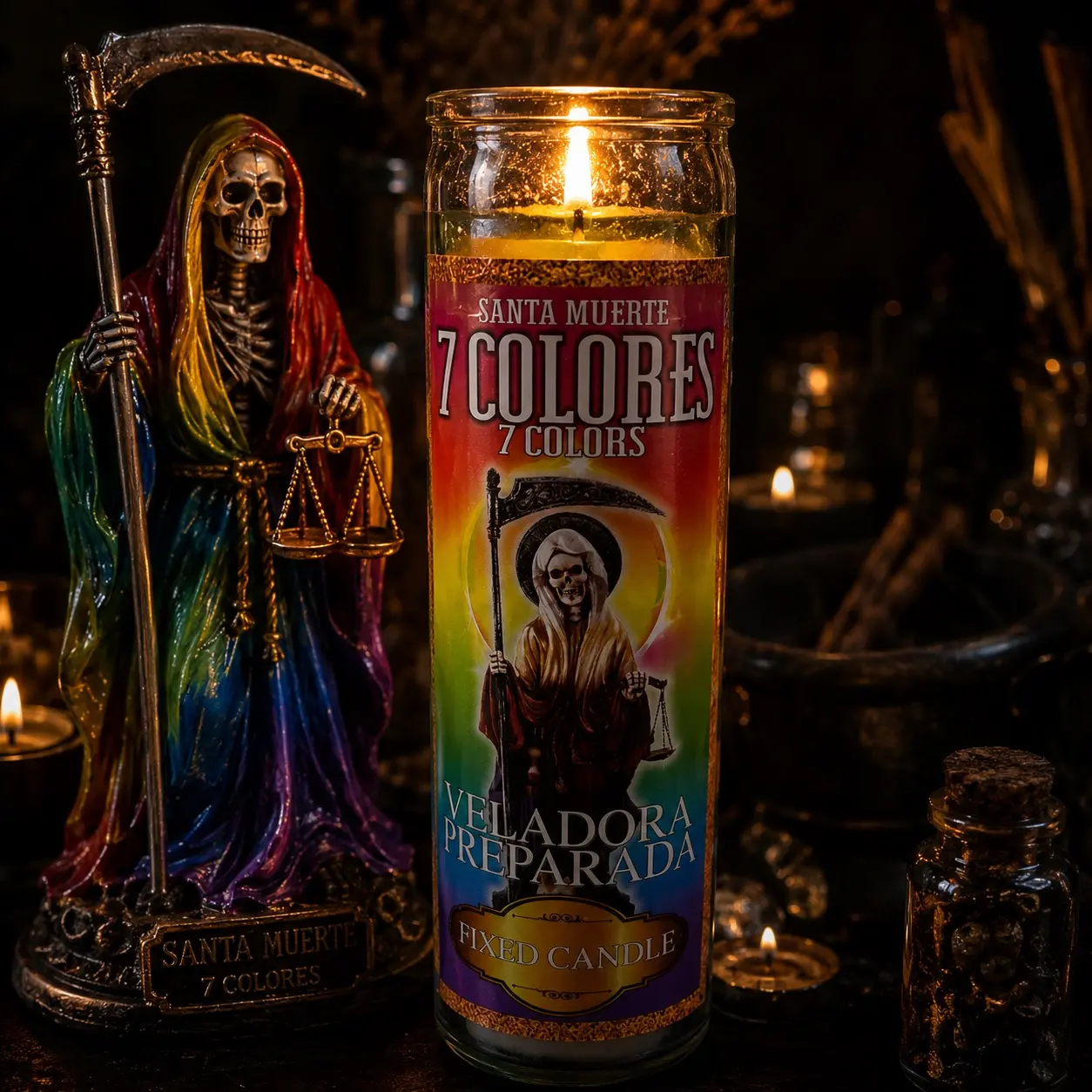 Santa Muerte 7 Colores Veladora Preparada - Holy Death 7 Color Fixed Candle